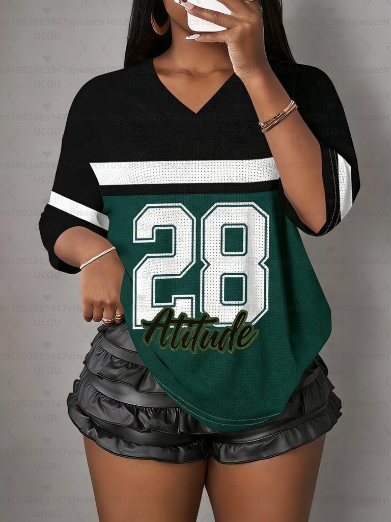 T-shirt da Donna Attitude N.28 Stampa Scollo a V Manica Corta Estate Maglietta Grafica Maglie a Rete Taglie Forti T-shirt Sportiva