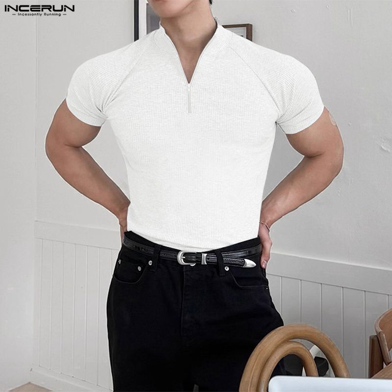 INCERUN Men Zip-up Turtleneck Short Sleeve Rib Fitted T-Shirts Tops