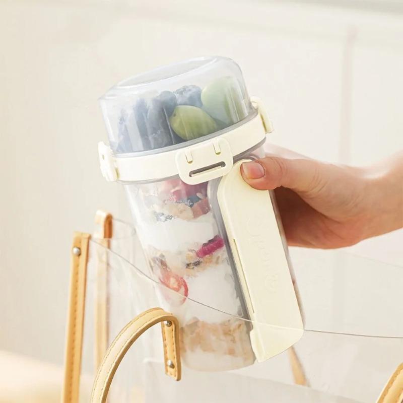 Portable Breakfast Cup with Double-Layer Lid - Includes Spoon & Fork, Food Storage Box for Oatmeal/Cereal/Salad/Fruits