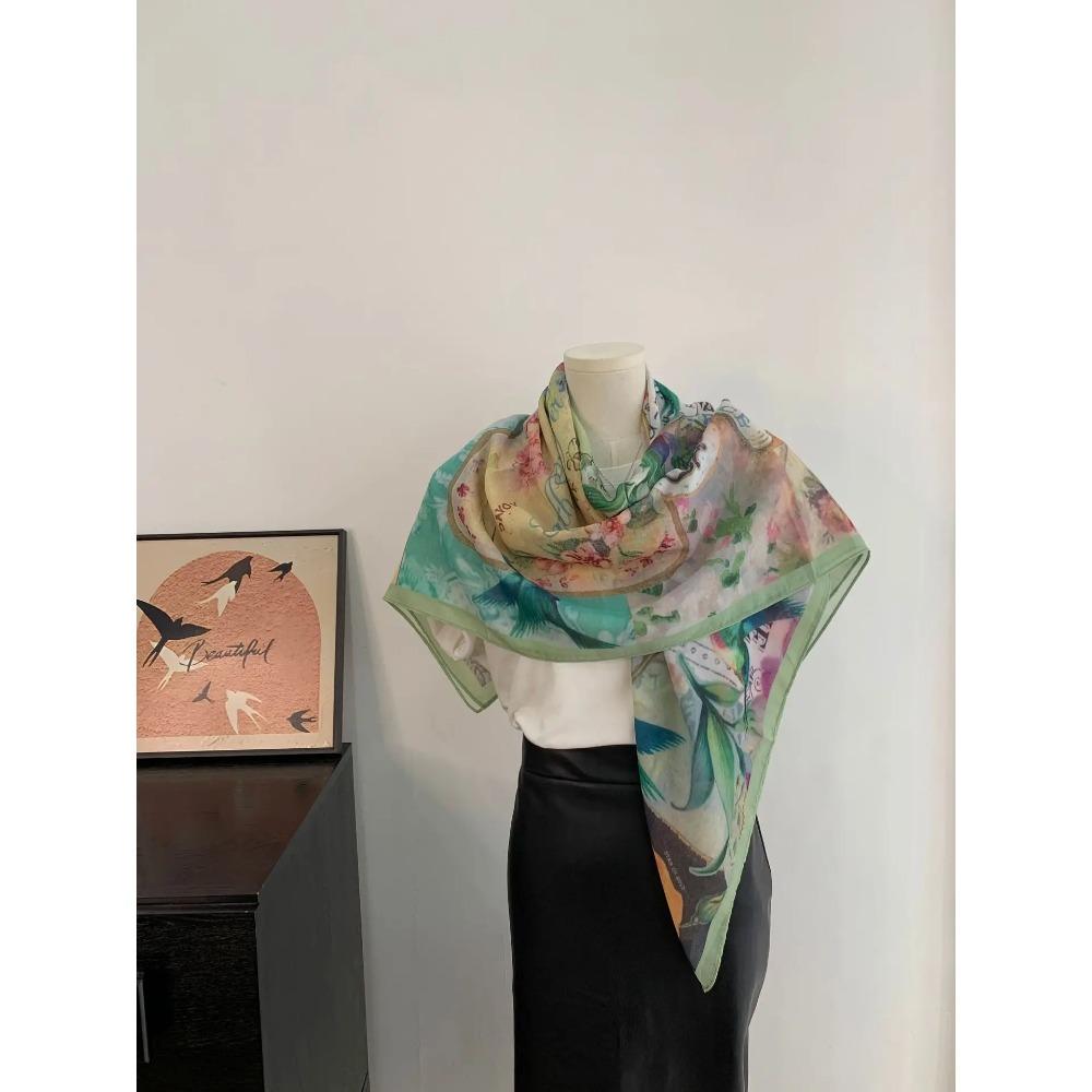 Head Scarf Women Square Scarf Thin Silk Like French Vintage Shawl Exclusive Design Spring Summer Autumn Lightweight Multipurpose