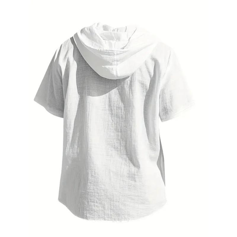 Leinenhemd Herren Kapuze Kurzarm Einfarbige Atmungsaktiv Leicht Kordelzug Design Hemden Freizeit Basic T-Shirts