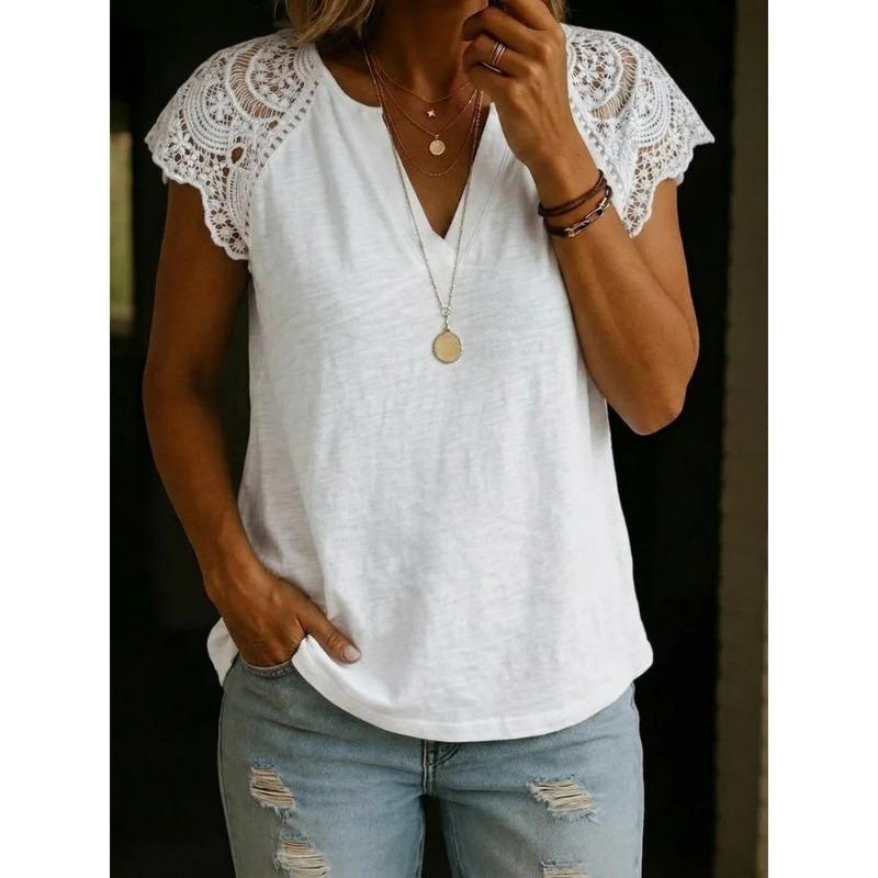 Women V Neck Lace Patchwork Short Sleeve Loose Casual Comfortable Summer New T Shirt Top