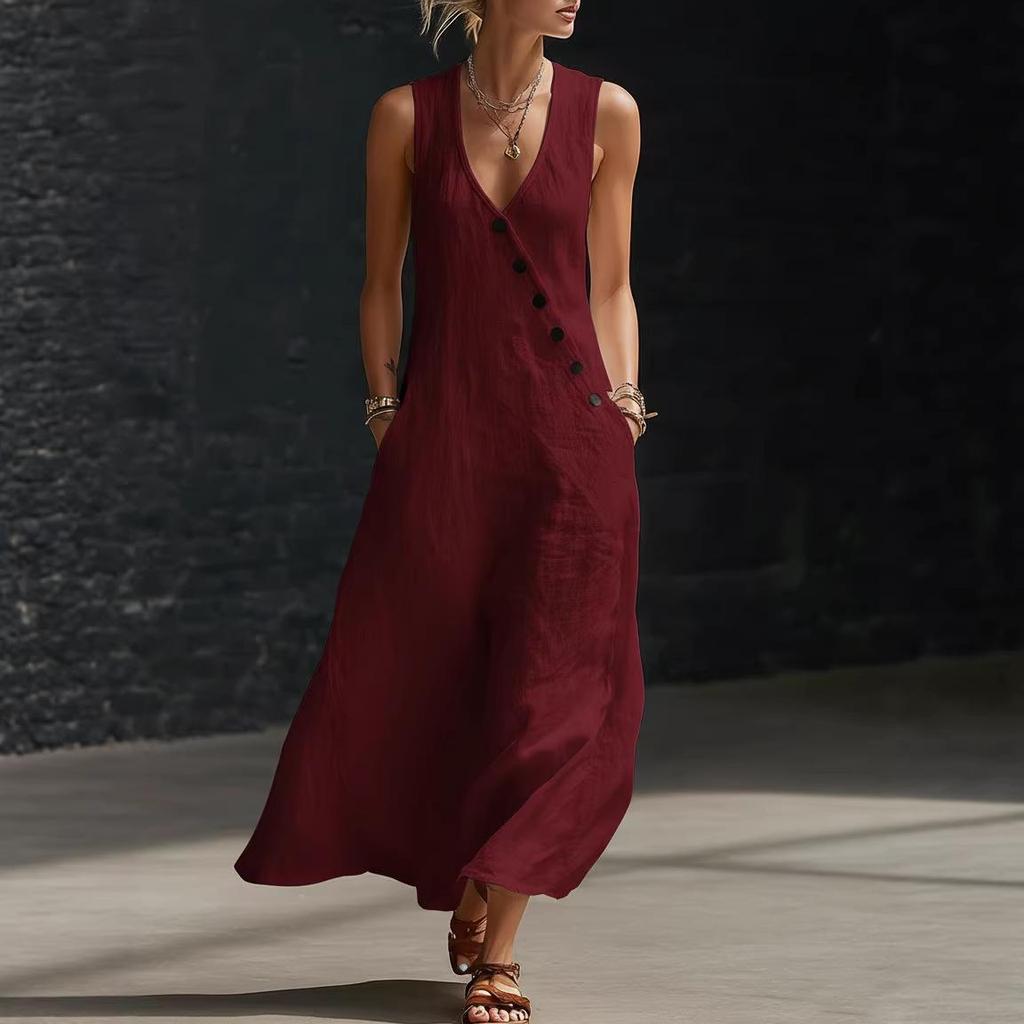 2026 Spring/Summer European V-neck Sleeveless Maxi Dress - Cotton Linen Button-up