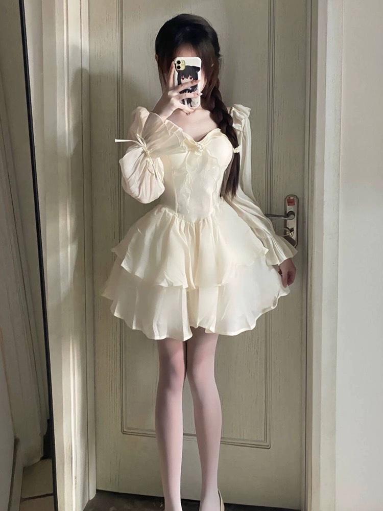 Pausa caffè abito bianco francese bambini temperamento primaverile fata gonna tutu gonna corta in vita