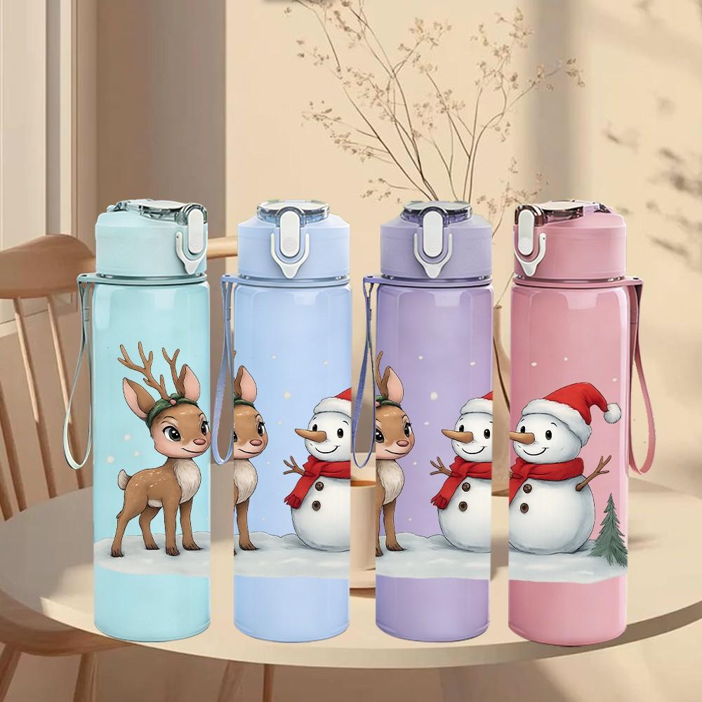 1PC Reindeer And Snowman Winter Print 750ml Color Plastic Sports Water Bottle Leakproof Flip Straw Lid Suitable for Sports Office Home Use