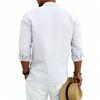 Men Linen Blend Long Sleeve Shirt, Mandarin Collar Ethnic Geometric Print Half Button Henley Shirts Casual Beach Bohemian Tops For Men Multiple Colors