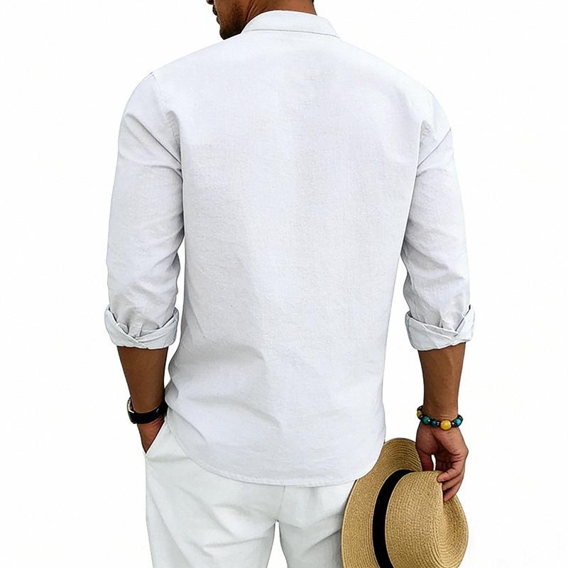 Men Linen Blend Long Sleeve Shirt, Mandarin Collar Ethnic Geometric Print Half Button Henley Shirts Casual Beach Bohemian Tops For Men Multiple Colors