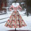 Women's Casual Dress Long-Sleeve V-Neck Patchwork Fleece Christmas Print Dress