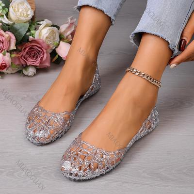 Summer Women Jelly Sandals Flat-soled Crystal Hollow Slip-ons Shallow Mouth Roman Shoes Beach Casual Footwear Outdoor Flats