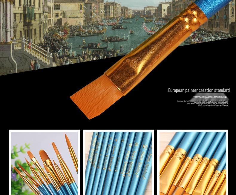 10-Piece Pearlescent Blue Nylon Paint Brush Set for Acrylic, Watercolor, and Gouache