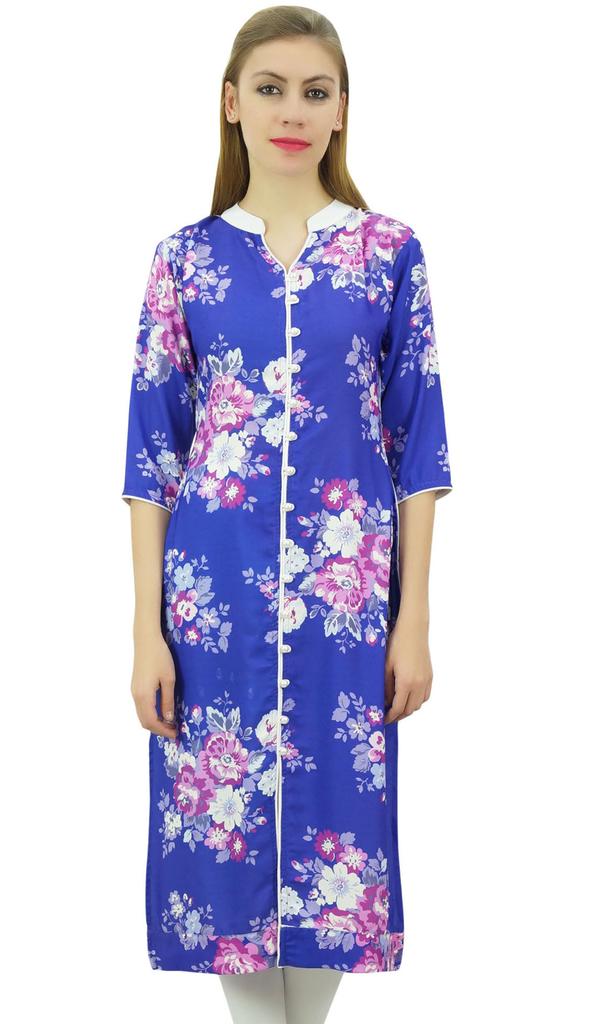 Bimba Women's Floral Printed Designer Straight Blue Casual   Sleeve Kurti -