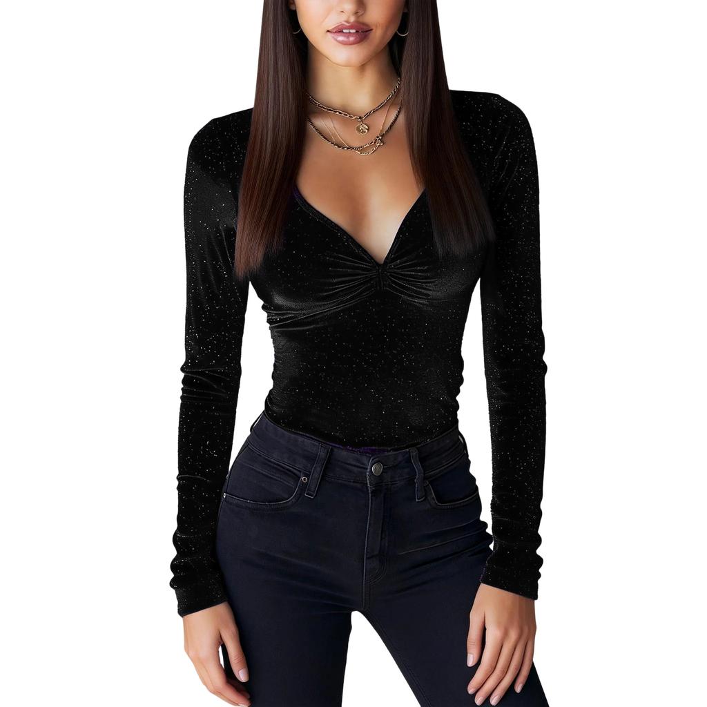 Women's ,Color Fashionable Elegant Velvet Slim,Fit Long,Sleeve Top