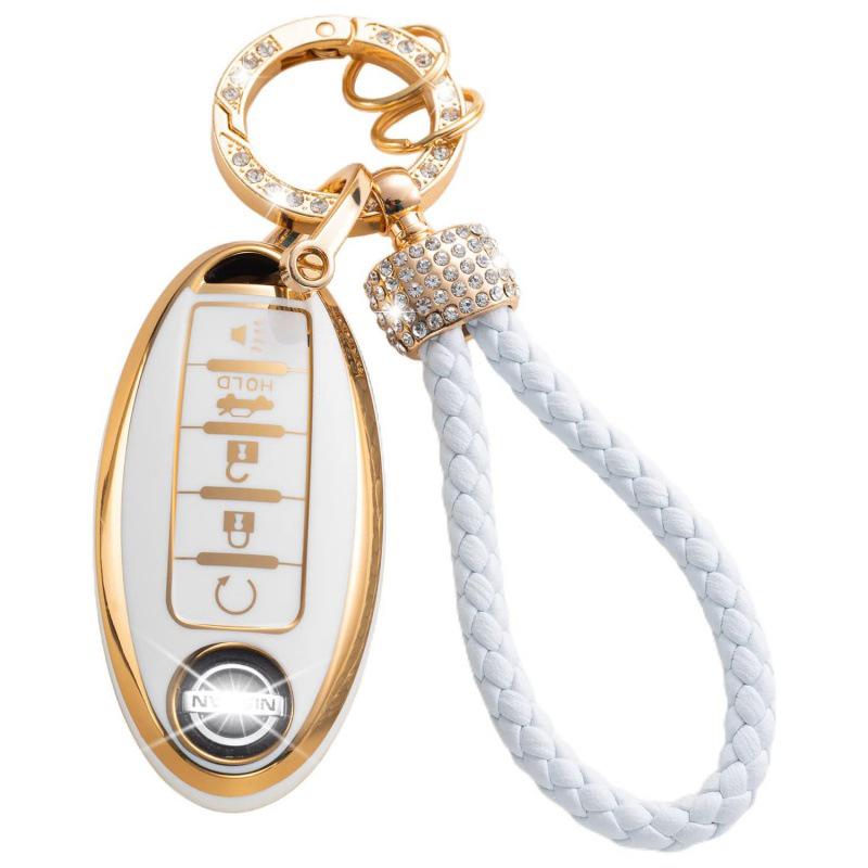 Gold-Rimmed Car Key Set with Diamond Ring Pendant Key Chain