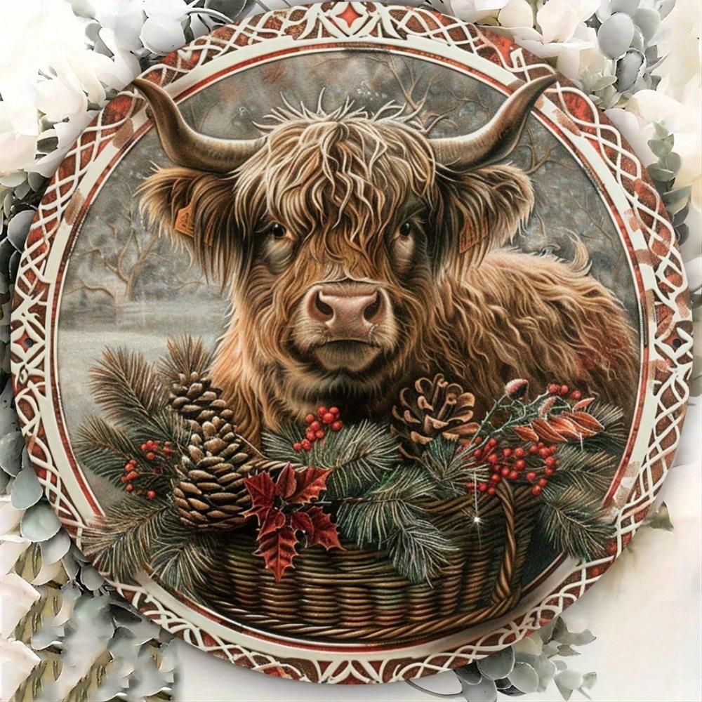 Vintage Metal Highland Cow Holiday Wreath Wall Decor Christmas Halloween Home Gift