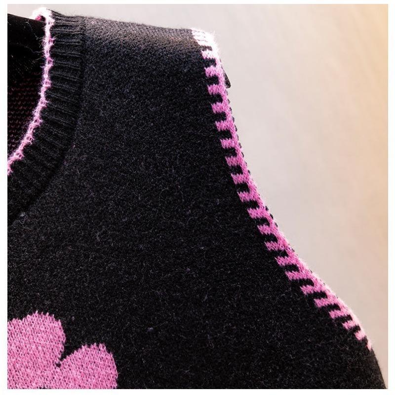 Round Neck Knitted Vest Embroidered Flowers Splicing Color Design Women's Knitted Pullover Sweater Loose Casual Top Autumn