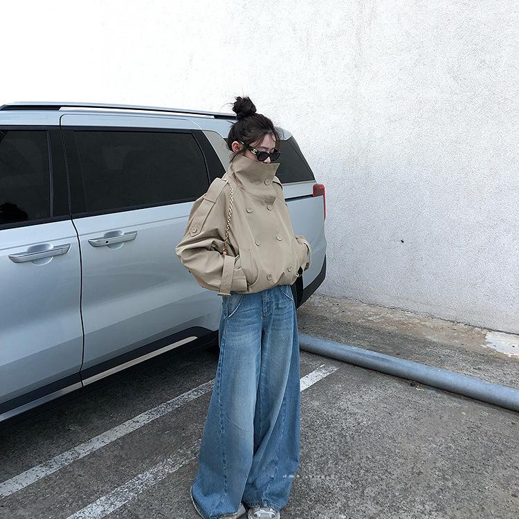 Women's Stand Collar Double Breasted Cropped Trench Coat Loose Fit Long Sleeve Solid Polyester Windbreaker Jacket