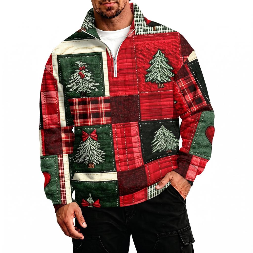 Men's Casual Stand Collar Sweatshirt with Holiday Christmas Print