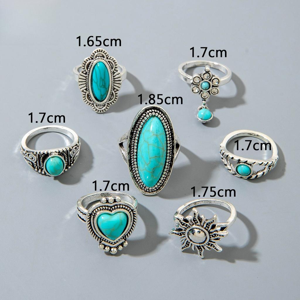 European and American Ethnic Style Carved Feather turquoise Ring Retro Personality Ring Set Combination Ring Set