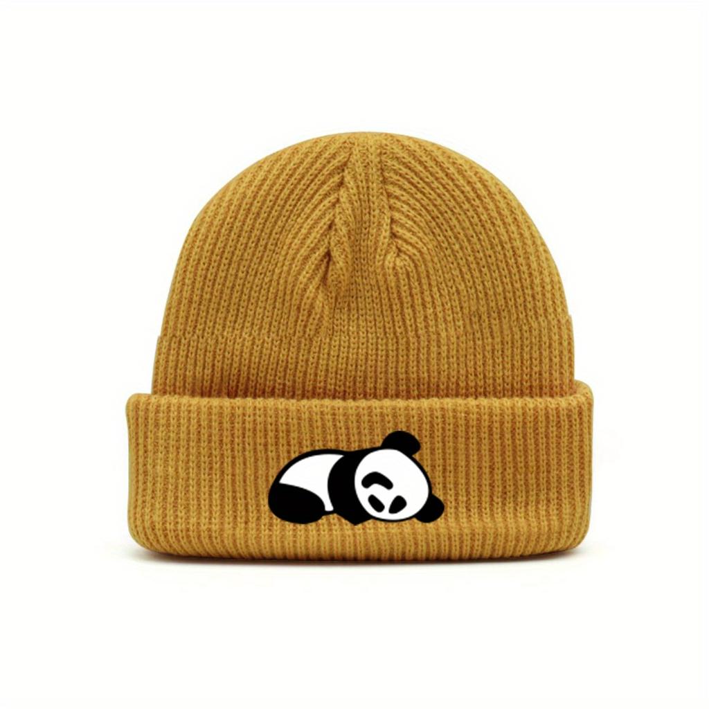 Unisex Panda Print Knitted Hat Elastic Polyester Breathable Warm Winter Hat