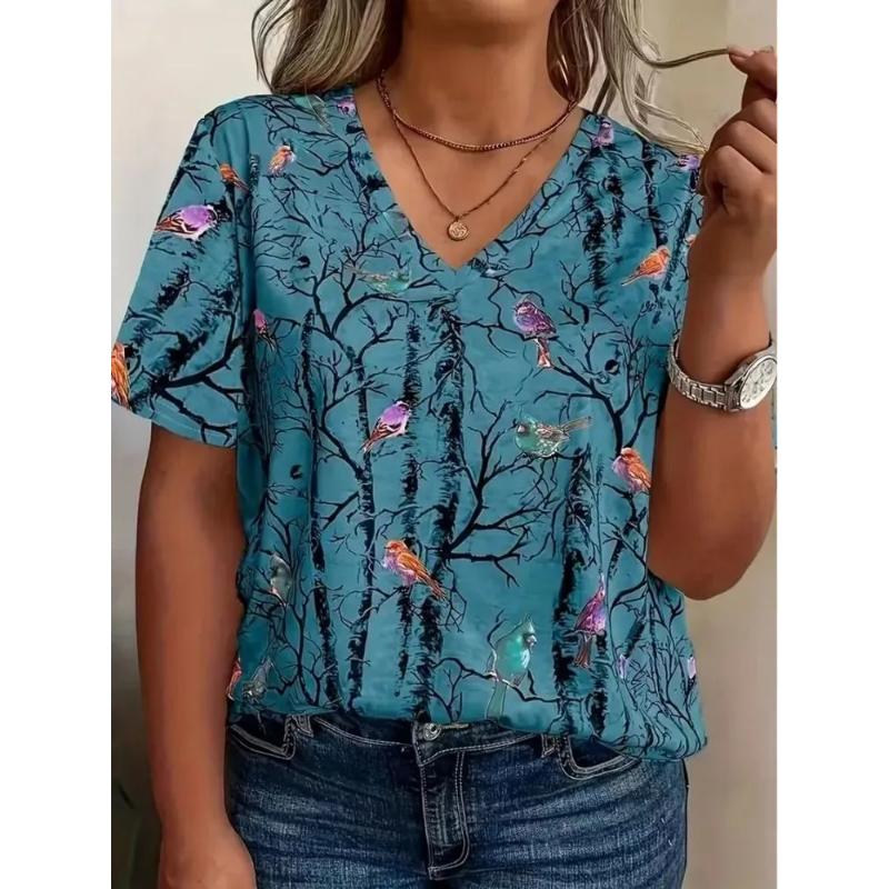 Fashion Women's V-Neck Short Sleeve 3D Flower Color Printing V-Neck Flower Short Sleeve