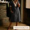 JPNTKY Fashion Summer Spring Solid Color Print V-Neck Short Sleeve Casual Dresses