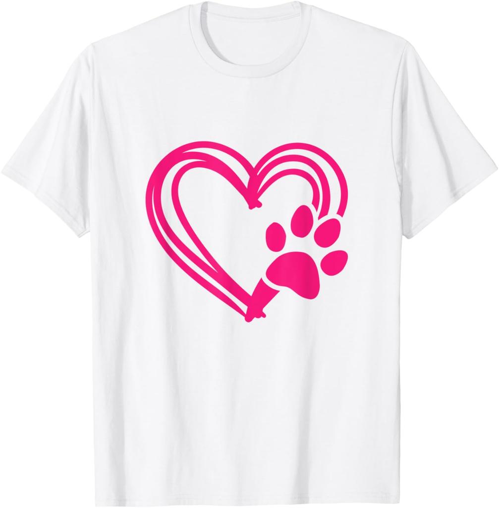Pink Paw Print Heart Graphic Tee Casual Cotton Short Sleeve TShirt for Dog Lovers