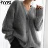 Women's Fashion Casual Fall Winter Solid Color Print Long Sleeve V-Neck Sweaters