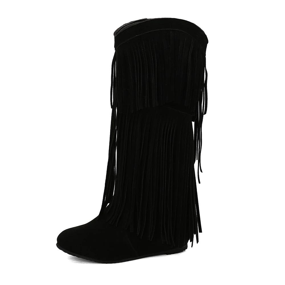 Women's Round Toe Wedges Boots Tassel Winter New Bohemian Flock Mid-calf Boot Female Warm Plush Lined Platform Knee High Boots