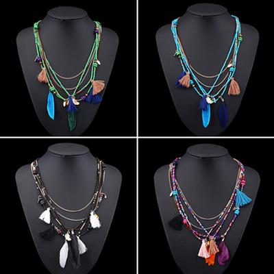 Dámský Boho Etnický styl Peří Střapce Korálky Vícevrstvý řetízkový náhrdelník