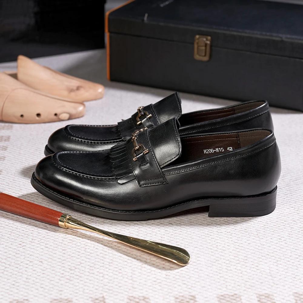 Fashion Classic Men's Genuine Leather Loafers Handmade Tassel Slip-On Casual Shoes with Metal Button for Office Wedding Dress Wear