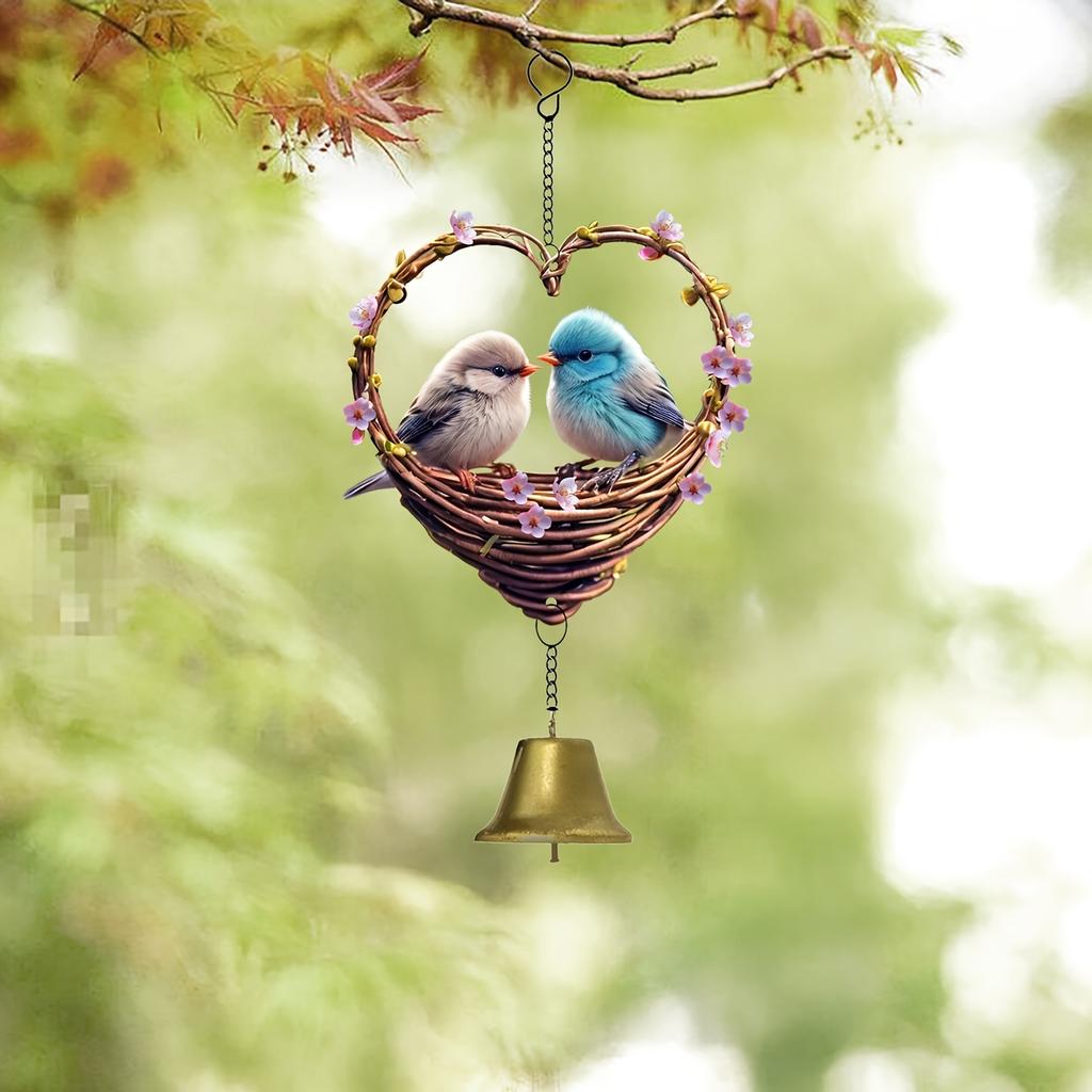 2D flat heart-shaped bird wind chimes with bells, bird heart wind chimes, flat pendants, Valentine's Day gifts