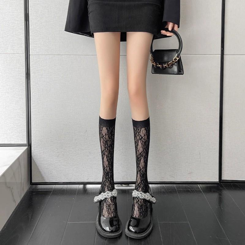 Japanese Lace Stockings Children Thin Mid-Calf Length SocksinsTrendy Hollow Heart Jacquard White Calf Socks Mesh Stockings Stude