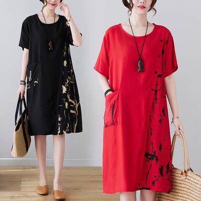 Cotton Linen Dress New Summer Short Sleeve Printed Straight Skirt Loose Temperament Skirt