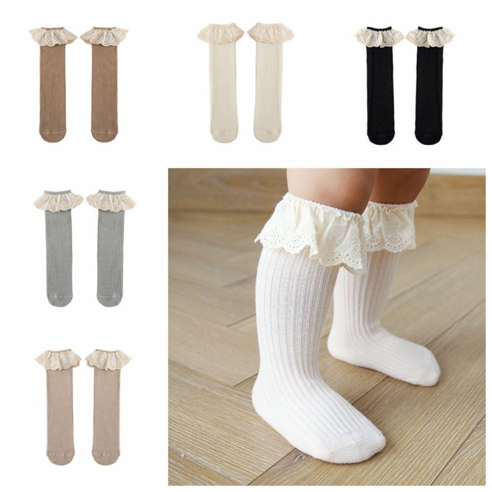 5Pairs Lace Trim Infant Cotton Stockings Ruffled Edge Cartoon Above Knee Socks Kids