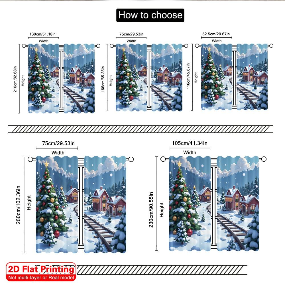 2pcs 2D Flat Printing Merry Christmas Popular Drapes Christmas Village Train Scene_b Polyester Without Electricity Festive