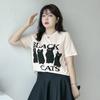 Sommer Damen T-Shirt Plus Size Rundhals Jacquard Katze Lose Kurzarm Tops