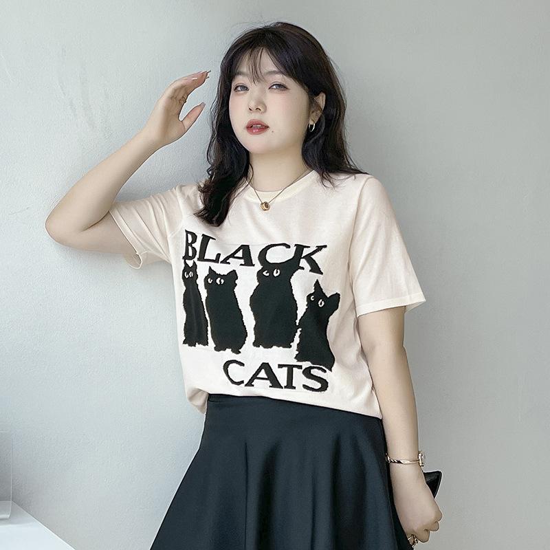 Sommer Damen T-Shirt Plus Size Rundhals Jacquard Katze Lose Kurzarm Tops