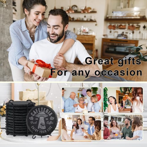 MAPRIAL Slate Coasters with Holders, Set of 12, Round Black Slate Stone DIY Coasters with Scratch-Resistant Backing, Halloween, Christmas, Bar, Kitche