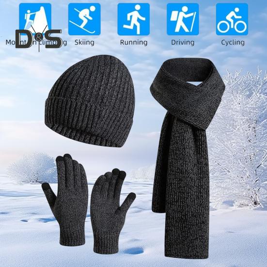 3 Pcs/Set Unisex Winter Beanie Scarf Gloves Set Thick Knitted Warm Cap Touchscreen Gloves Elastic Ear Protection Windproof Winter Outdoor Cycling