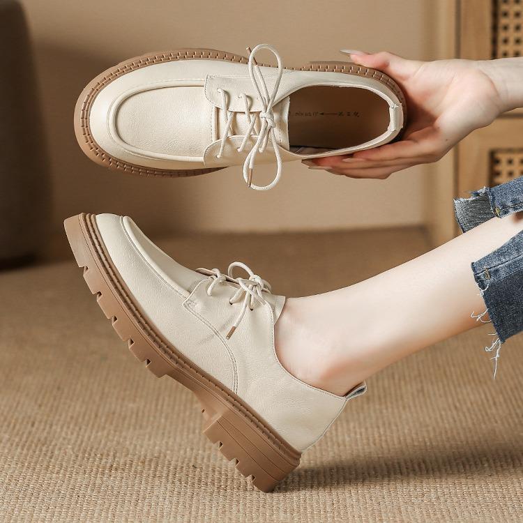 Round Toe Genuine Leather Women's Shoes Lace-up Shoes Autumn and Winter Four Seasons Student Skirt College Xiaoxiangfeng Huizhou Brock Leather Shoes