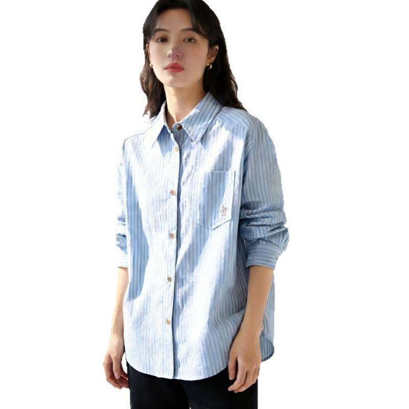 Korean Style Blue Striped Embroidered Long Sleeve Shirt for Women - Trendy Spring/Autumn Layering