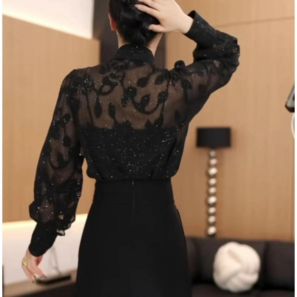 Women's Spring Slimming Elegant Sun Protection Shirt Long-Sleeve Sequined Black Blouse