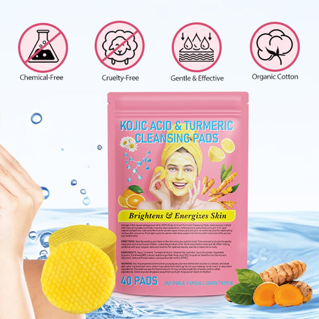30/40PCS Turmeric Kojic Acid Cleansing Pad Pore Cleanser Makeup Remover Exfoliator Oil Control Brightening Smooth Facial Washing