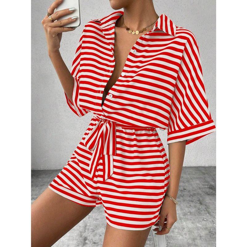 European and American Summer New Lapel Single-Breasted Stripe Print Loose Short Sleeve Wide Leg Jumpsuit Shorts Jumpsuit