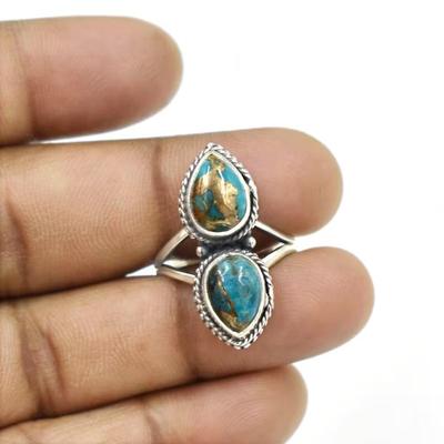 Blue Copper Turquoise Pear Gemstone Statement Ring, Solid 925 Sterling Silver Boho Ring, Handmade Jewelry, Ring For Women, Christmas Gift