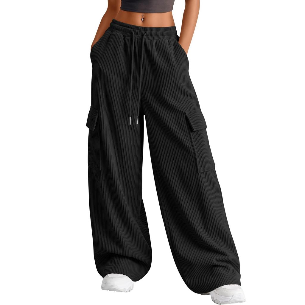 Womens Wide Leg Corduroy Cargo Sweatpants with Pockets