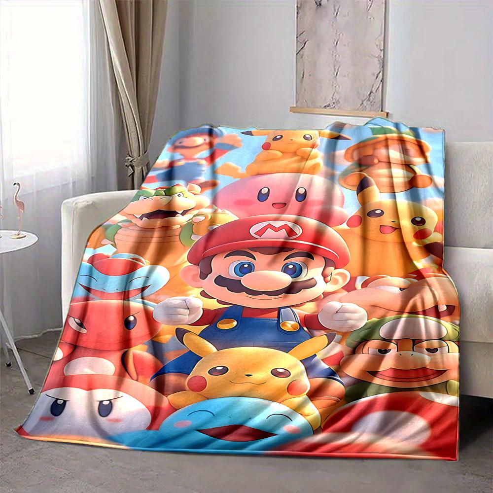 1pc Mario Pikachu Cozy Print Blanket Lightweight Warm Flannel Throw Blanket For Sofa, Bed, Living Room