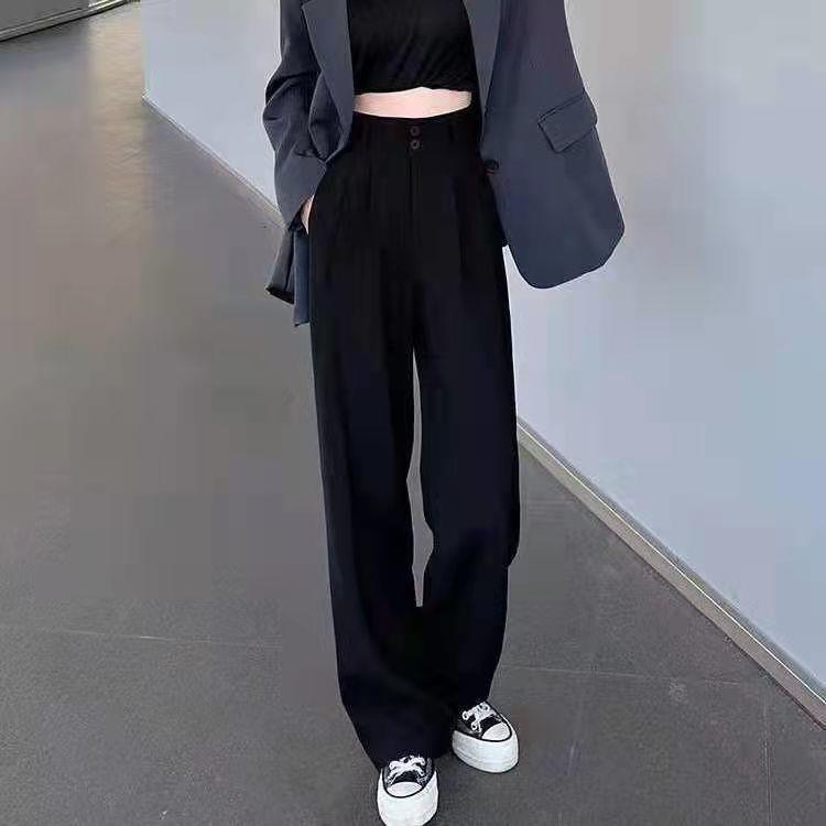 Gray High-Waisted Wide-Leg Pants for Women - Spring Plus Size, Drapey Straight Casual Suit