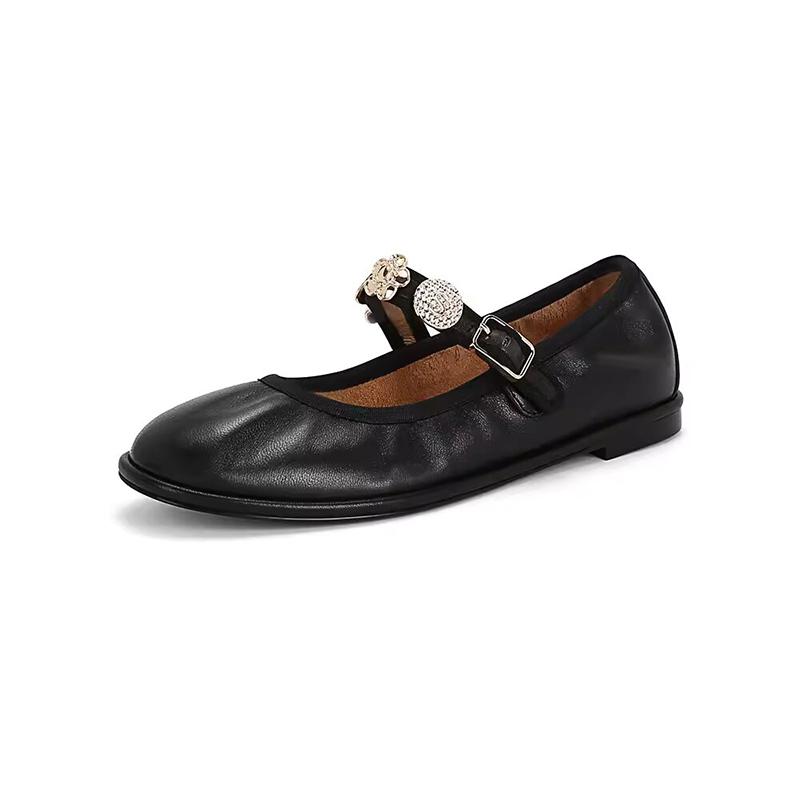 Retro Runde Spitze Ballerinas Designer Metall-Dekor Flache Mary Jane Schuhe Elegante Damen Weiche Sohle Komfort Damen Pumps