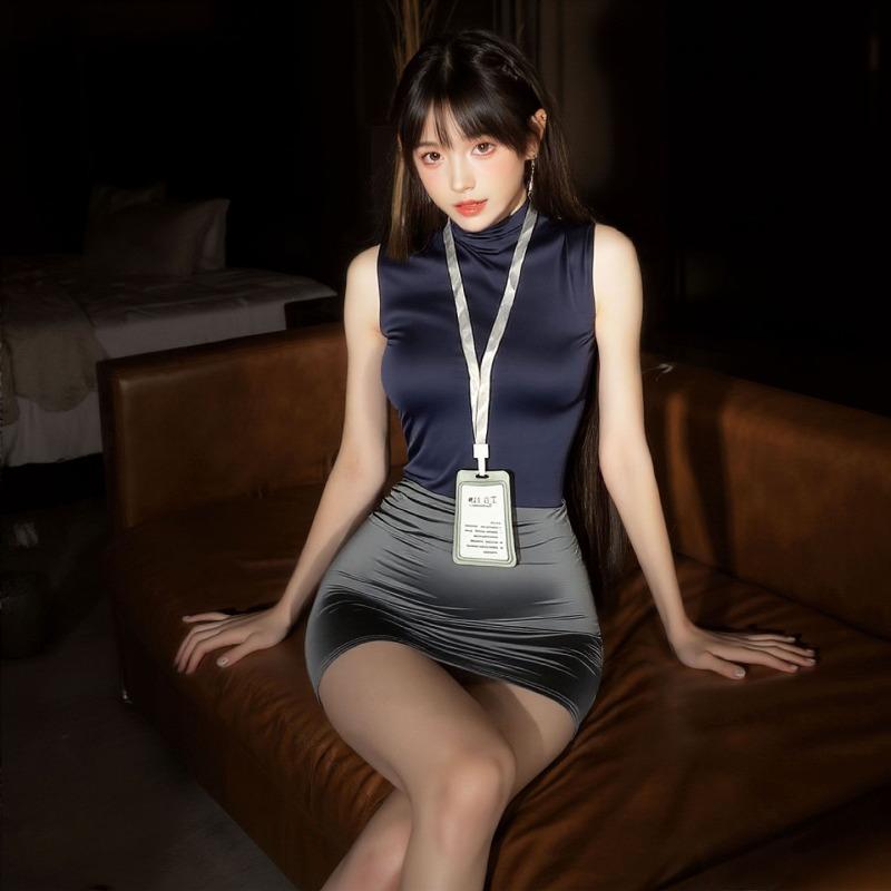 Sexy Lingerie Pure Desire Style Secretary High Neck Slim Fit Hip Hugging Skirt Flight Attendant Uniform Passionate Nightclub Set